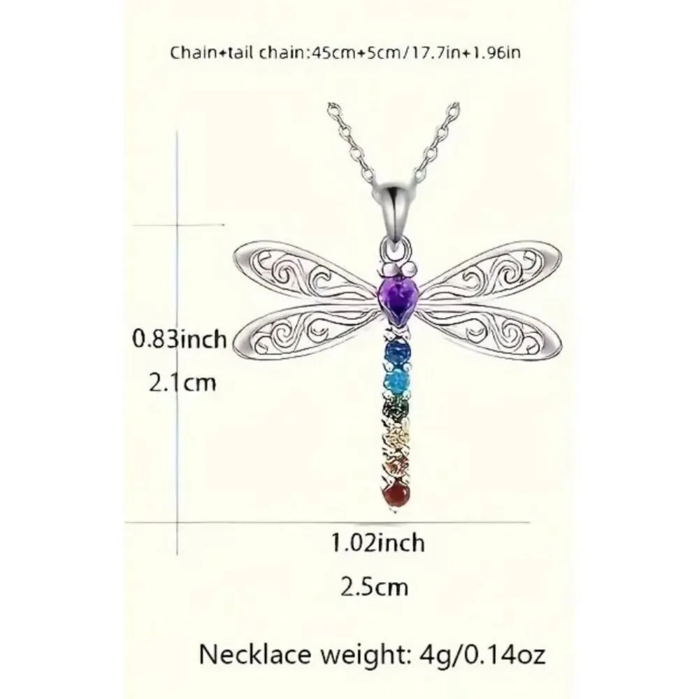 NWT Gorgeous Silver Dragonfly Long 17.7” Chain Necklace w/ Colorful Rhinestones - Picture 6 of 7